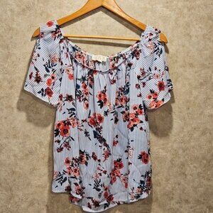 Pink Rose Size Large Floral Elastic Square Neck Short Sleeve Women's Top